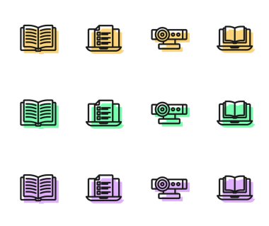 Web kamerası, Açık Kitap, Online quiz, test, araştırma ve sınıf simgesi ayarla. Vektör