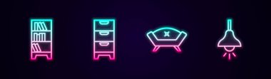 Satır kütüphanesi kitaplığı, çekmece sandığı, kanepe ve lamba askısı. Parlayan neon ikonu. Vektör