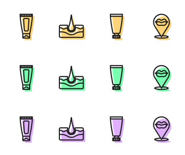 Krem ya da losyon kozmetik tüpü, insan saç kökü ve gülen dudaklar ikonu. Vektör