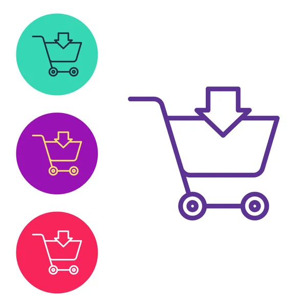 设置行添加到购物车图标隔离在白色背景 网上购物的概念 送货服务标志 超级市场篮子的象征 设置彩色图标 — 图库矢量图片