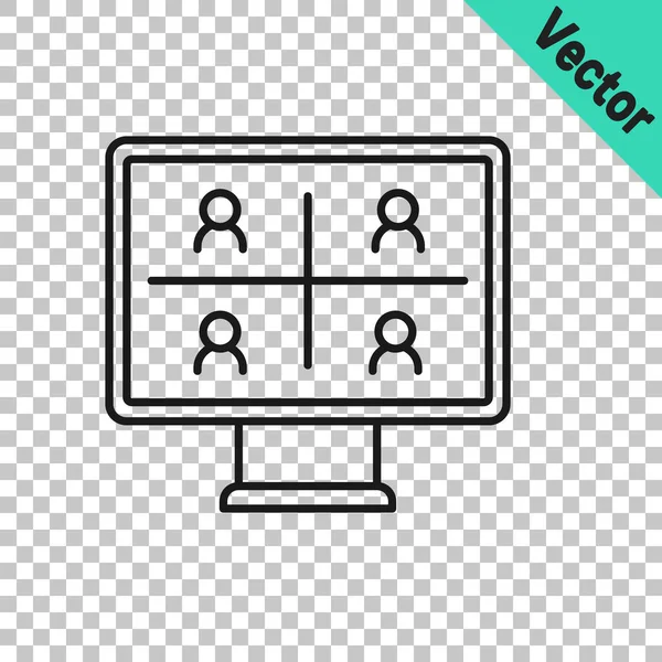 Black Line Video Chat Konferenz Icon Isoliert Auf Transparentem Hintergrund — Stockvektor