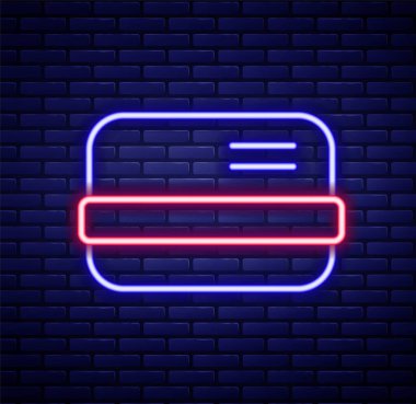 Parlayan neon hattı kredi kartı simgesi tuğla duvar arkasında izole edildi. Çevrimiçi ödeme. Nakit çekilmesi. Finansal operasyonlar. Alışveriş tabelası. Renkli taslak konsepti. Vektör