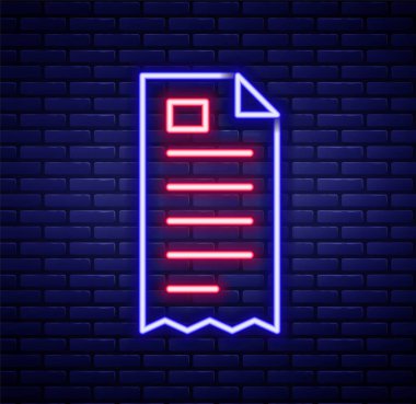 Parlayan neon hattı kağıt kontrolü ve tuğla duvar arkasında izole edilmiş mali kontrol ikonu. Kağıt baskı çeki, makbuz ya da fatura. Renkli taslak konsepti. Vektör