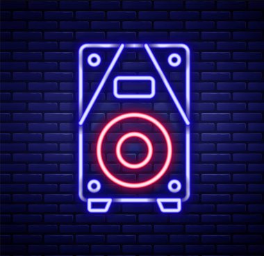 Parlayan neon hattı Stereo hoparlör ikonu tuğla duvar arka planında izole edildi. Ses sistemi hoparlörleri. Müzik ikonu. Müzikal sütun hoparlörü. Renkli taslak konsepti. Vektör