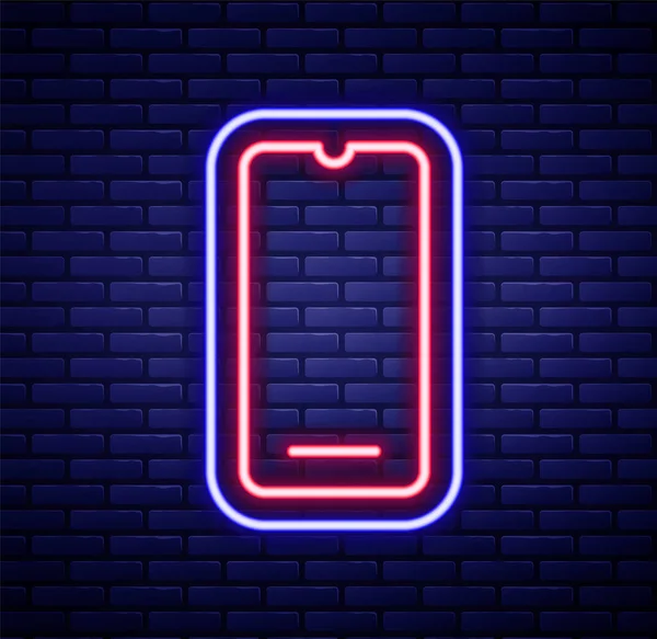 Glowing neon line Smartphone, mobile phone icon isolated on brick wall background. Colorful outline concept. Vector — Stock Vector