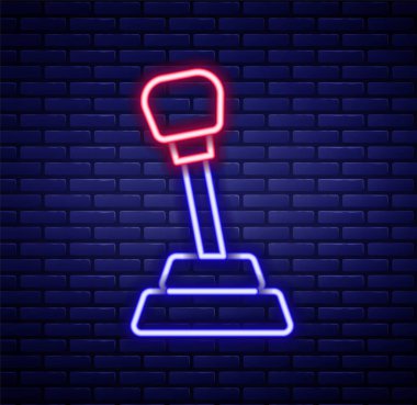Parlayan neon çizgisi şekil değiştiren simgesi tuğla duvar arka planında izole edildi. Elle iletim simgesi. Renkli taslak konsepti. Vektör