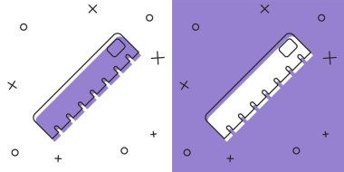 Ruler simgesini beyaz ve mor arkaplanda izole et. Düz sembol. Vektör