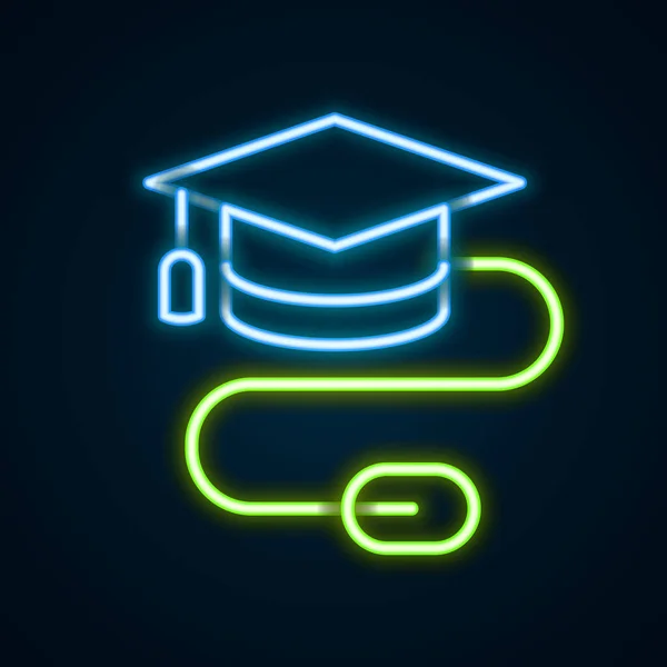 Brillante línea de neón Tapa de graduación con icono del ratón aislado sobre fondo negro. Símbolo de educación mundial. Concepto de aprendizaje en línea o aprendizaje electrónico. Concepto de esquema colorido. Vector — Vector de stock