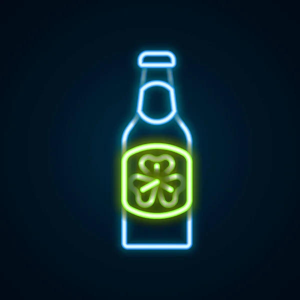 发亮的霓虹灯系列啤酒瓶与三叶草叶图标隔离在黑色背景。圣帕特里克快乐的一天。爱尔兰国定假日。五彩缤纷的概念.B.病媒 — 图库矢量图片