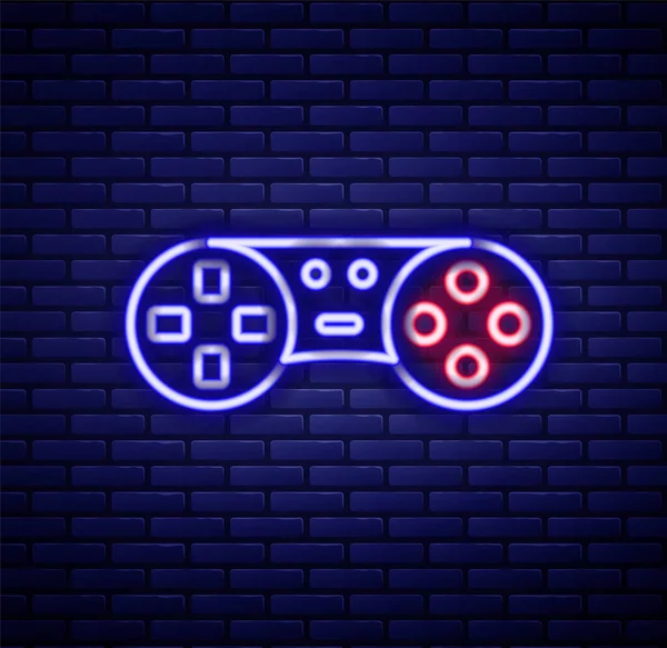 Linea neon incandescente Controller di gioco o joystick per console di gioco isolato su sfondo muro di mattoni. Concetto di contorno colorato. Vettore — Vettoriale Stock
