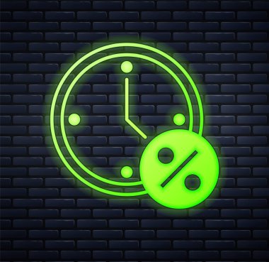 Parlayan neon saat ve tuğla duvar arka planında izole edilmiş yüzde indirim simgesi. Vektör