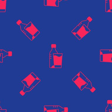 Cam ikonlu kırmızı su şişesi mavi arka planda izole edilmiş. Soda su içme tabelası. Vektör