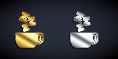 Siyah arka planda izole edilmiş altın ve gümüş papatya çayı ikonu. Papatya çiçeğinden faydalı bir tedavi içeceği. Uzun gölge tarzı. Vektör