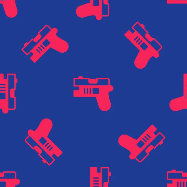 Red Futuristic space gun blaster icon geïsoleerd naadloos patroon op blauwe achtergrond. Laserpistool. Buitenaards Wapen. Vector — Stockvector