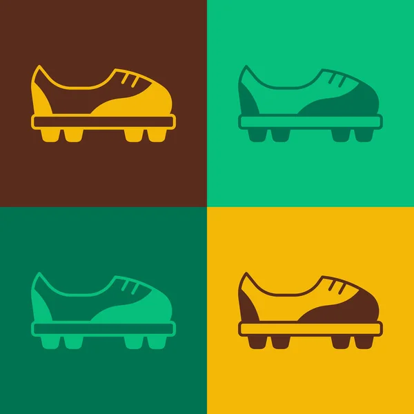Pop art Icono de zapatos de fútbol aislado sobre fondo de color. Botas de fútbol. Protección de pie de fútbol deportivo. Vector — Archivo Imágenes Vectoriales