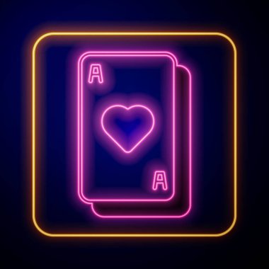 Parlayan neon çalma kartı simgesi siyah arkaplanda izole edildi. Kumarhane kumarı. Vektör