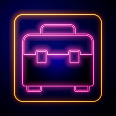 Parlayan neon araç kutusu simgesi siyah arkaplanda izole edildi. Alet kutusu tabelası. Vektör