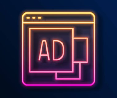 Parlayan neon hattı reklam simgesi siyah arkaplanda izole edildi. Pazarlama ve tanıtım süreci kavramı. İlgili reklamlar. Sosyal medya reklamcılığı. Vektör