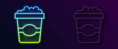 Siyah arka planda izole edilmiş karton kutuda parlayan neon çizgi patlamış mısır. Patlamış mısır kutusu. Vektör