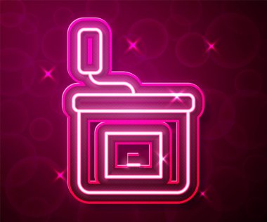 Parlayan neon çizgisi El yapımı kahve öğütücü simgesi kırmızı arkaplanda izole edilmiş. Vektör