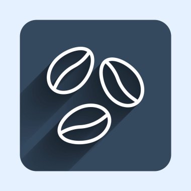 Beyaz çizgi kahve çekirdeği ikonu uzun gölge arkaplan izole. Mavi kare düğme. Vektör