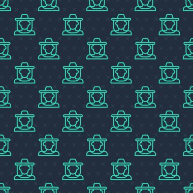 Şapka simgesini koruyan yeşil çizgi arıcısı mavi arka planda izole edilmiş kusursuz desen. Özel koruyucu üniforma. Vektör