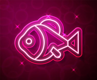 Parlayan neon hattı. Kırmızı arkaplanda balık simgesi izole edildi. Vektör