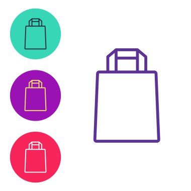 Beyaz arkaplanda izole edilmiş kağıttan alışveriş poşeti simgesi ayarla. Paket işareti. Simgeleri renklendirin. Vektör