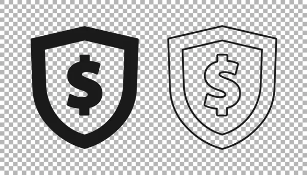 Schwarzes Schild mit Dollarsymbol auf transparentem Hintergrund. Schutzschild. Geldsicherheitskonzept. Vektor — Stockvektor