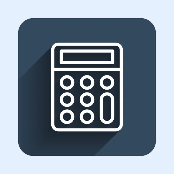 White line Calculator icon isolated with long shadow background. Accounting symbol. Business calculations mathematics education and finance. Blue square button. Vector — Stock Vector