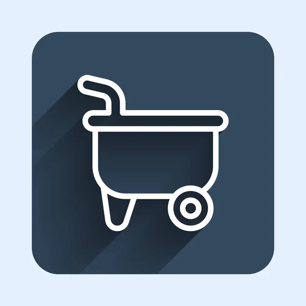 White line Wheelbarrow icon isolated with long shadow background. Tool equipment. Agriculture cart wheel farm. Blue square button. Vector — 图库矢量图片