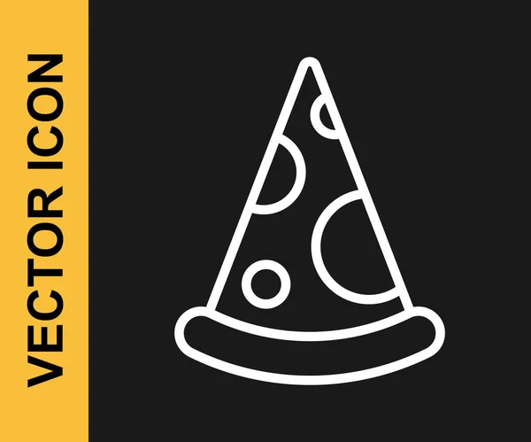 Línea blanca Rebanada de icono de pizza aislada sobre fondo negro. Menú de comida rápida. Vector — Vector de stock