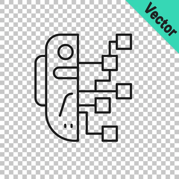 Ligne noire icône robot humanoïde isolé sur fond transparent. Intelligence artificielle, apprentissage automatique, cloud computing. Vecteur — Image vectorielle