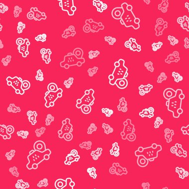 Kırmızı arka planda, beyaz çizgi haritası ve taksi arabası simgesi izole edilmiş, pürüzsüz desen. Konum sembolü. Vektör