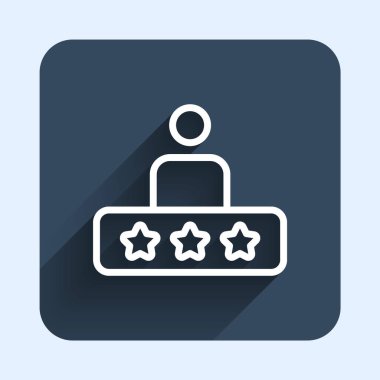 Beyaz çizgi taksi servis derecelendirme simgesi uzun gölge arkaplan izole. Mavi kare düğme. Vektör