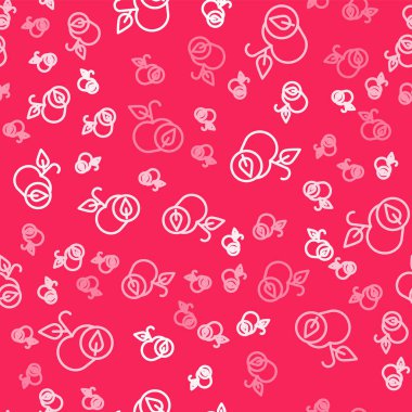 Beyaz çizgi Apple simgesi, kırmızı arkaplanda kusursuz desen izole etti. Fazla kilolu. Sağlıklı diyet menüsü. Fitness diyeti elması. Vektör