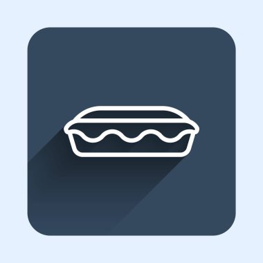 Beyaz çizgili, uzun gölgeli ev yapımı turta ikonu. Mavi kare düğme. Vektör