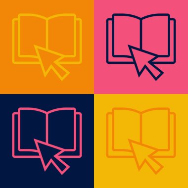 Pop Art Line Online kitap simgesi renk arkaplanında izole edildi. İnternet eğitimi konsepti, e-öğrenme kaynakları, uzak online kurslar. Vektör