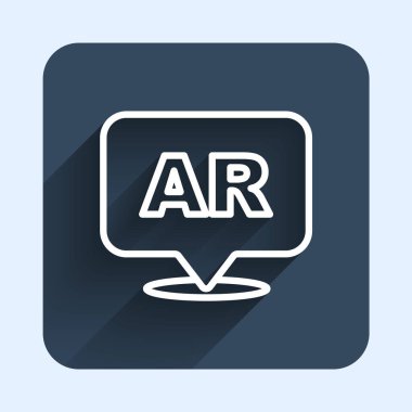 Beyaz çizgi Artırılmış gerçeklik AR simgesi uzun gölge arkaplan izole. Sanal geleceksel giyilebilir cihazlar. Mavi kare düğme. Vektör