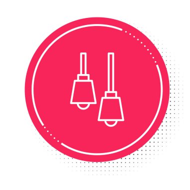 Beyaz çizgi lambası asılı ikon beyaz arka planda izole. Tavan lambası ampulü. Kırmızı daire düğmesi. Vektör