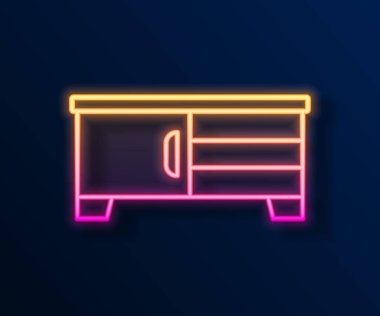 Parlayan neon hat TV masası simgesi siyah arkaplanda izole edildi. Vektör