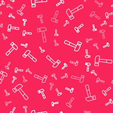 Beyaz çizgi çekiç simgesi kırmızı arkaplanda izole edilmiş. Tamir için bir araç. Vektör