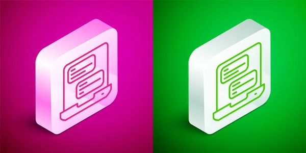 Isometric line Taxi mobile app icon isolated on pink and green background. Mobile application taxi. Silver square button. Vector — Stock Vector