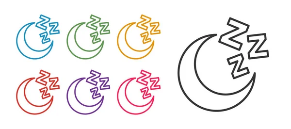 Set baris Bulan dan bintang ikon terisolasi pada latar belakang putih. Tanda malam berawan. Tidur mimpi simbol. Bulan purnama. Tanda malam atau tidur. Mengatur ikon penuh warna. Vektor - Stok Vektor