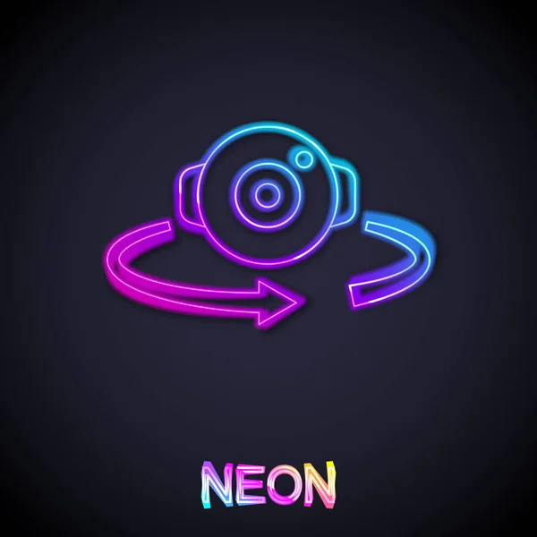 Glowing neon line 360 degree view icon isolated on black background. Virtual reality. Angle 360 degree camera. Panorama photo. Vector — Stock Vector