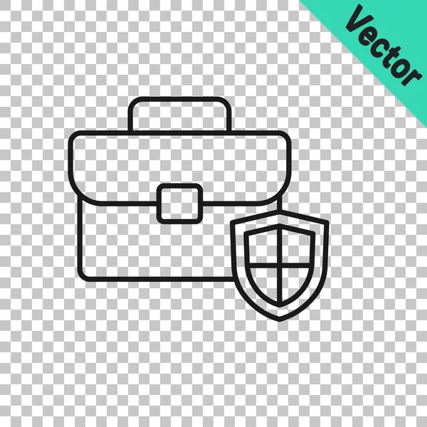 Black line Briefcase with shield icon isolated on transparent background. Insurance concept. Security, safety, protection, protect concept. Vector — Stock Vector