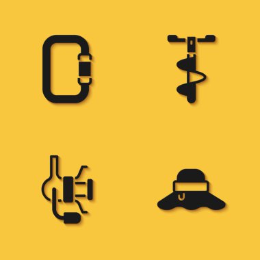 Carabiner, Balıkçı şapkası, balık tutmak için dönen makara ve uzun gölgeli El matkap ikonu. Vektör