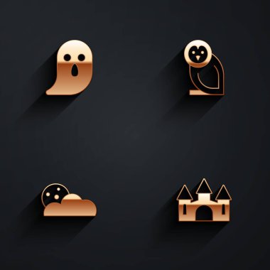 Hayalet, Baykuş kuşu, Ay ve yıldızlar ve uzun gölgeli kale ikonu. Vektör