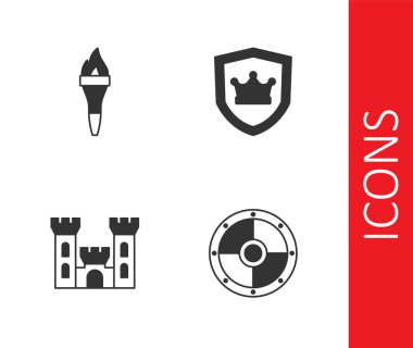 Yuvarlak kalkan, meşale alevi, taç ikonlu Kale ve Kalkan ayarlayın. Vektör