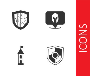 Kalkan, Kale Kulesi ve Ortaçağ miğfer ikonu. Vektör